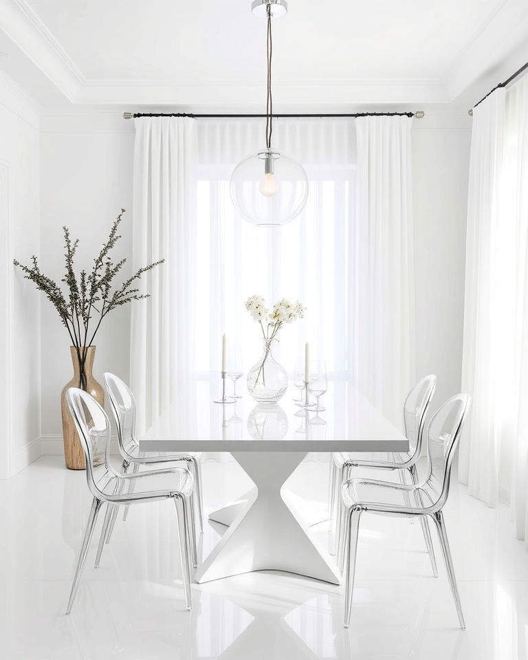 elegant white dining room with glass accents - 30 White Dining Room Ideas
