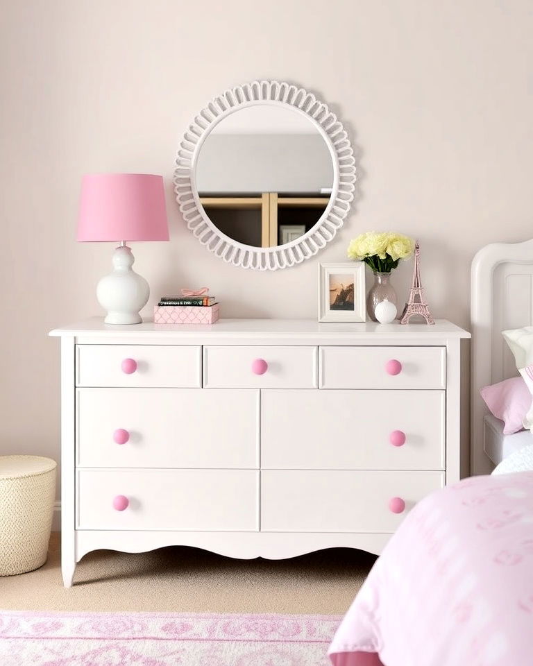 elegant white dresser with pink hardware - 25 Pink and White Bedroom Ideas