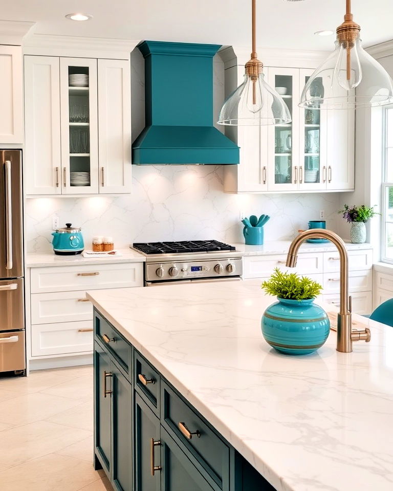 elegant white marble countertops with teal accents - 20 Teal and White Kitchen Ideas