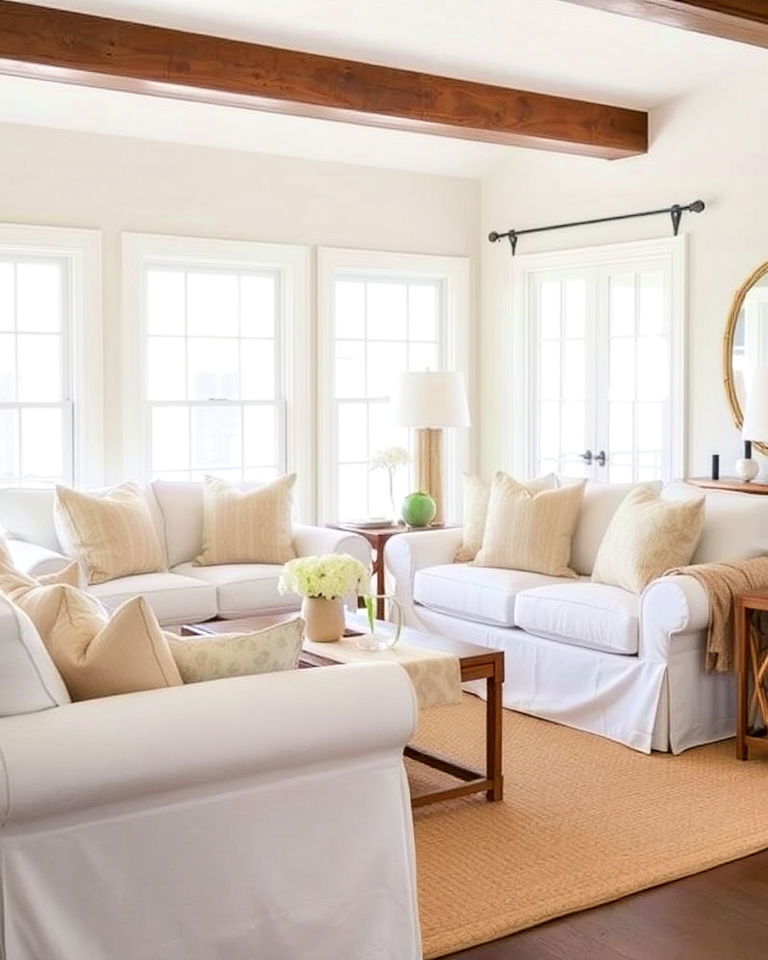 elegant white slipcovered furniture - 20 Beige and White Living Room Ideas