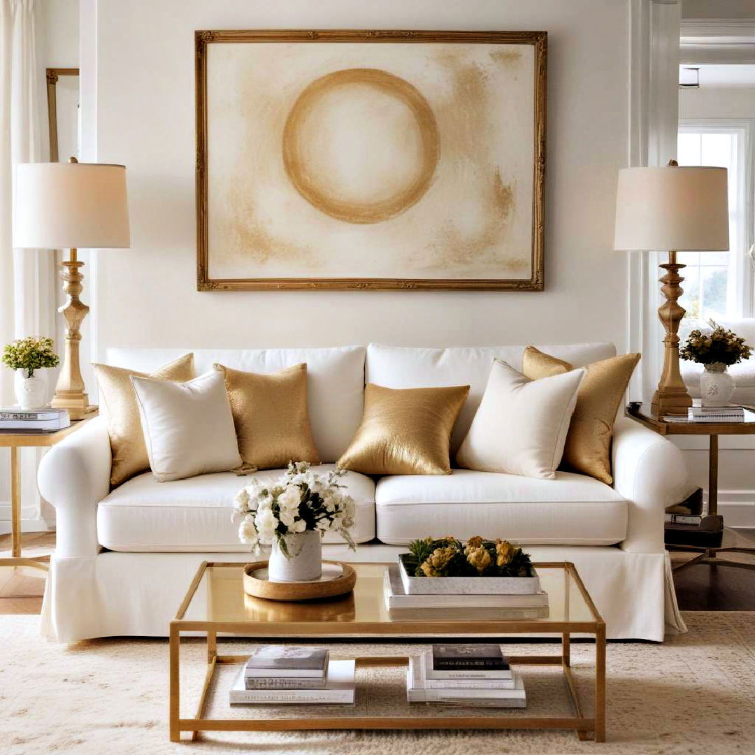 elegant white sofa and gold throw pillows - 25 White and Gold Living Room Ideas