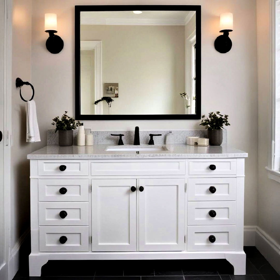 elegant white vanity with black hardware - 40 Black and White Bathroom Ideas