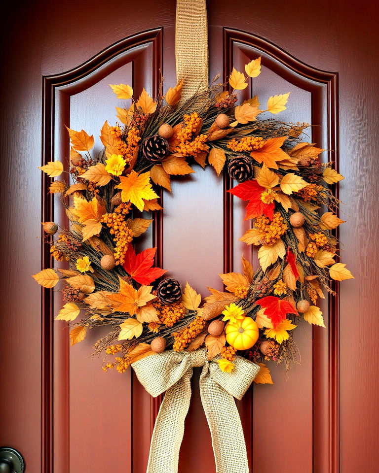 elegant wreaths of dried leaves and flowers - 30 Front Door Fall Decor Ideas