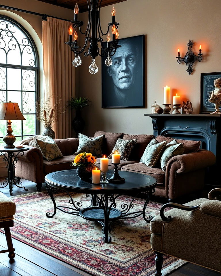 elegant wrought iron details - 30 Witchy Living Room Ideas