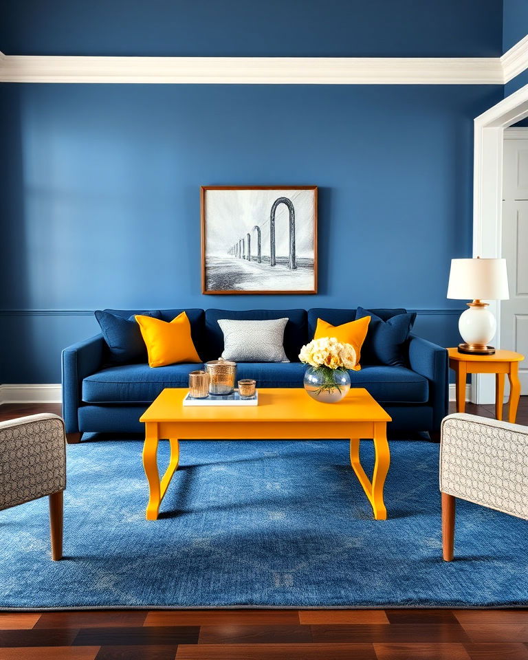 elegant yellow coffee table in blue themed room - 15 Yellow and Blue Living Room Ideas