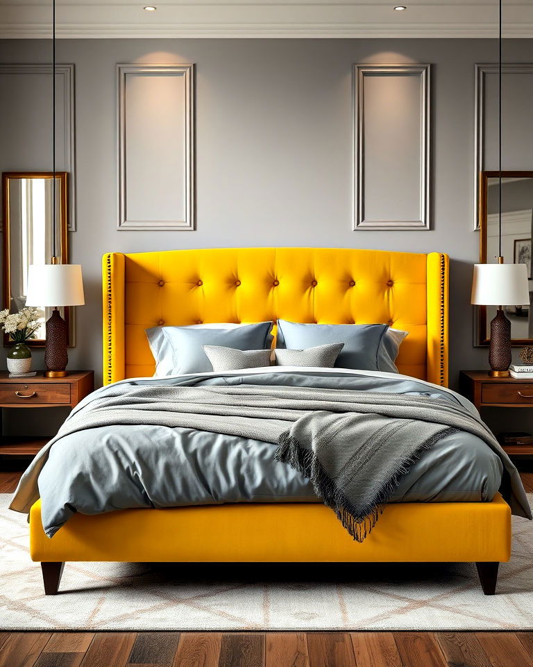elegant yellow upholstered bed - 25 Yellow and Grey Bedroom Ideas