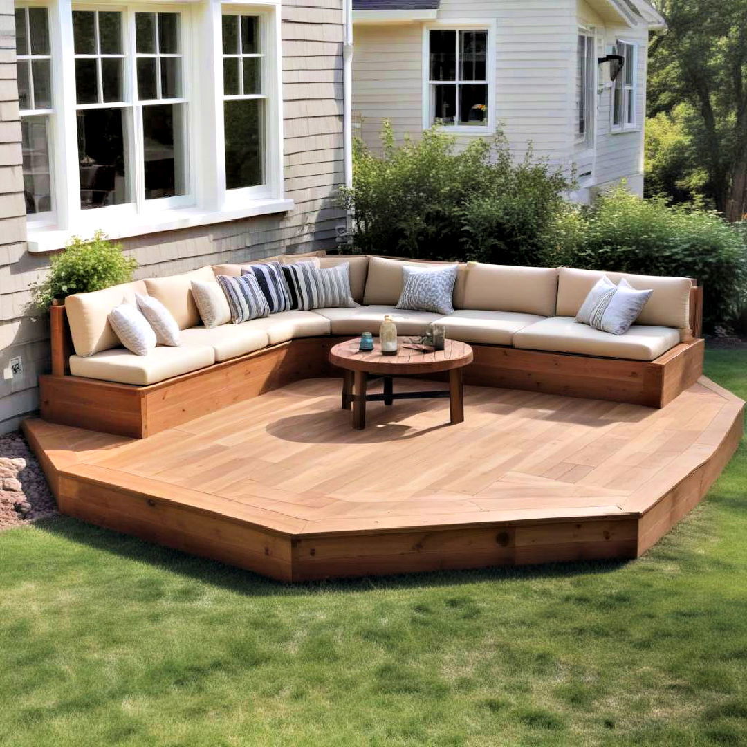 elevated platform deck with built in seating - 25 Ground Level Deck Ideas