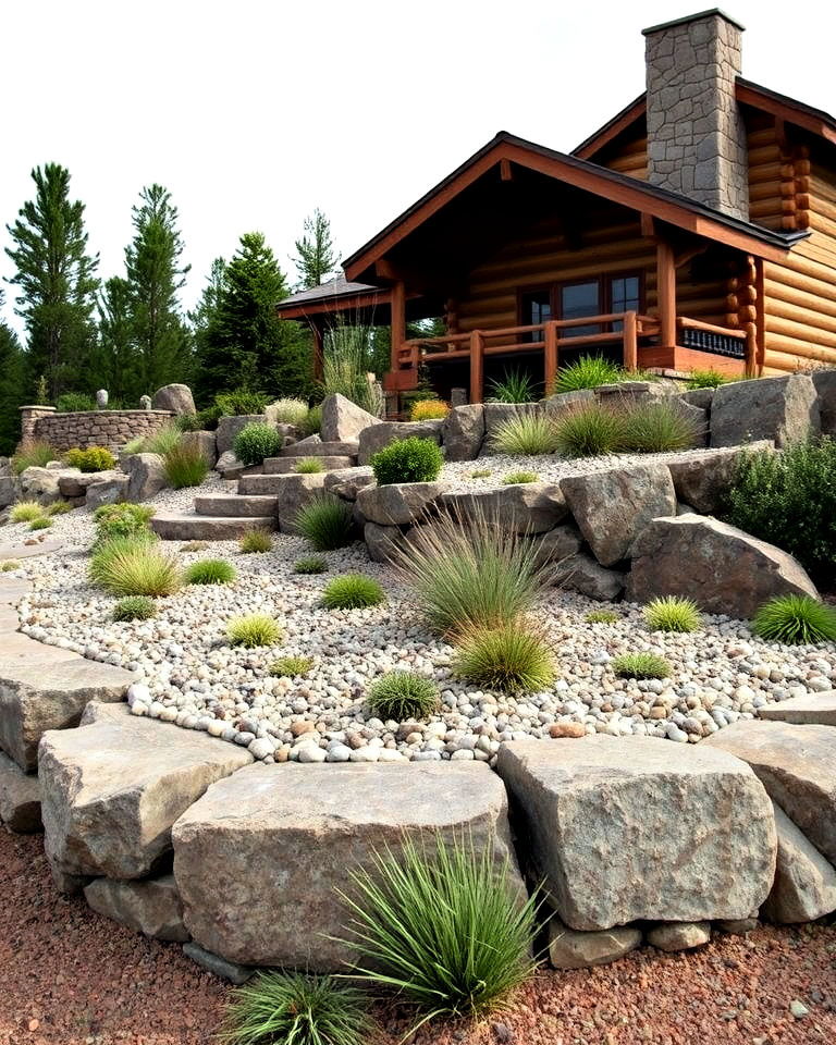 elevated rock garden for landscaping - 25 Log Cabin Landscaping Ideas