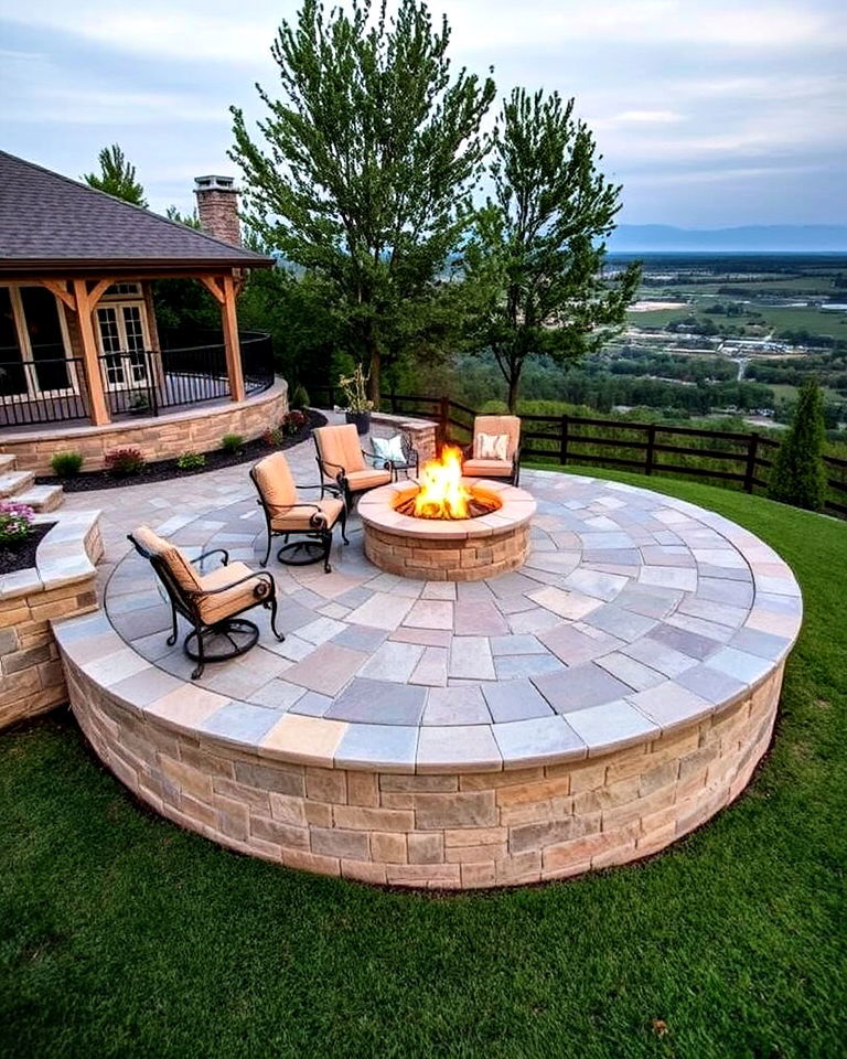 elevated stone patio with fire pit ideas - 25 Stone Patio With a Fire Pit Ideas