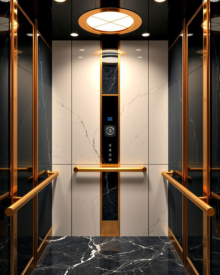 elevator interior with gold and brass accents - 25 Elevator Design Ideas