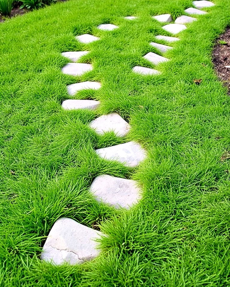 embedded stones with grass path - 30 Garden Path Ideas
