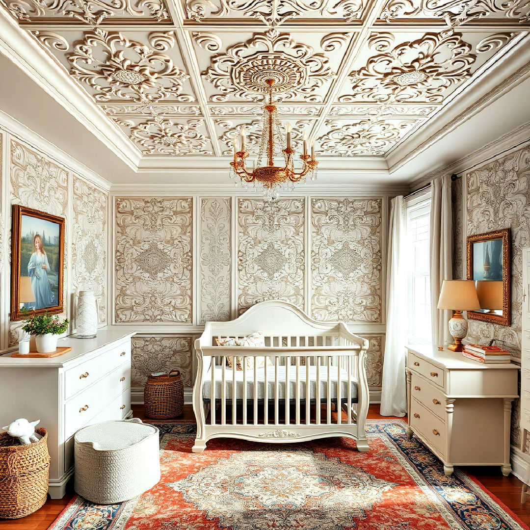 embossed tin ceiling tiles for vintage nursery - 25 Vintage Nursery Ideas