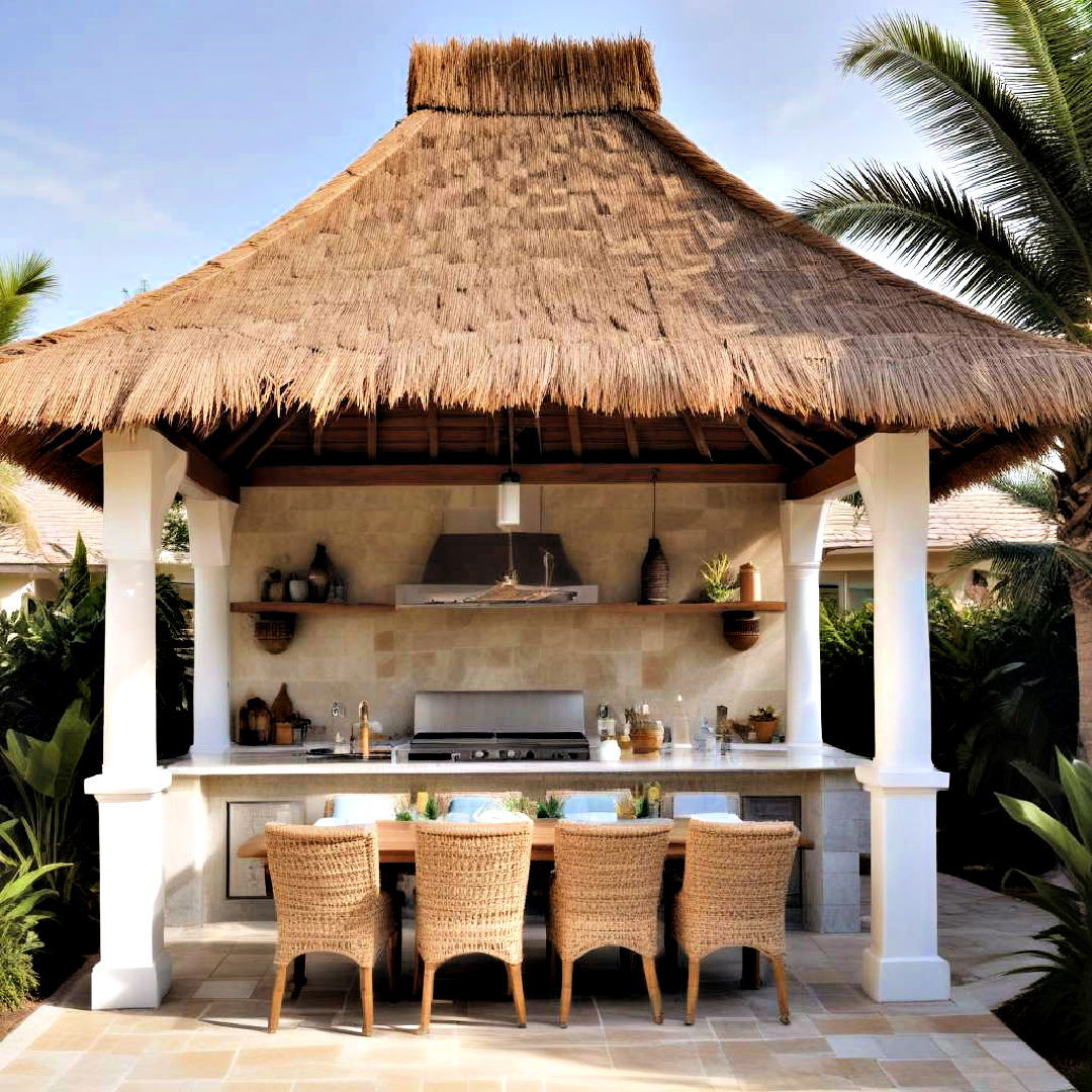 embrace a beachy vibe with a palm frond roof - 25 Covered Outdoor Kitchen Ideas
