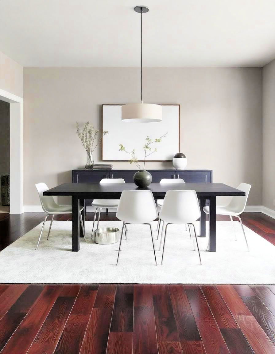 embrace minimalist decor for balanced look - 15 Dark Wood Floor Dining Room Ideas