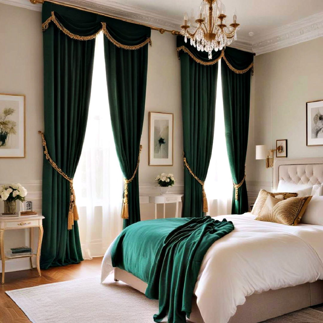 emerald green curtains with gold tiebacks - 20 Emerald Green and Gold Bedroom Ideas