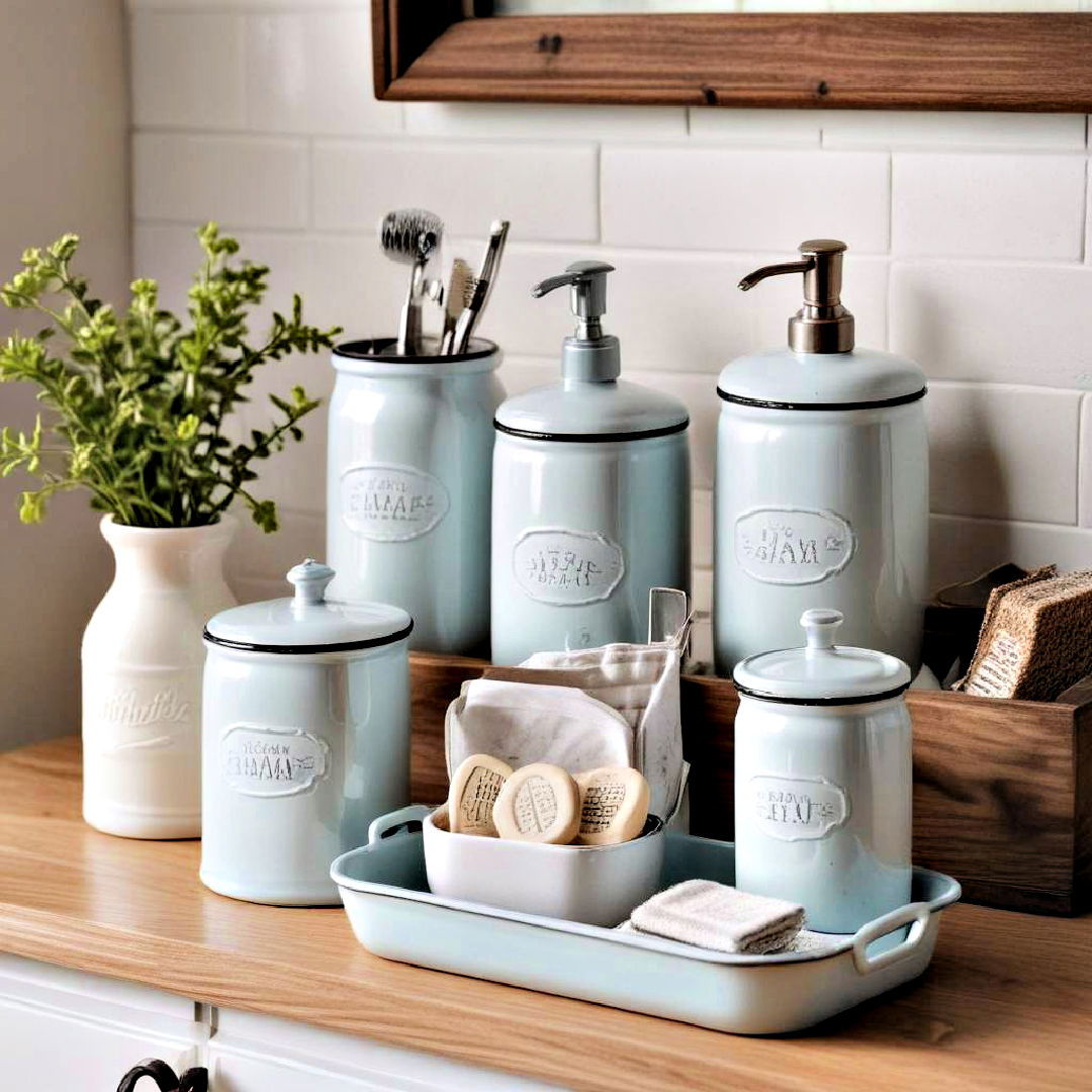 enamelware accessories for farmhouse bathroom - 40 Farmhouse Bathroom Ideas