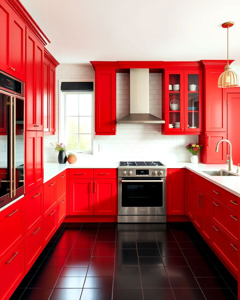 energetic red cabinets with black tile flooring - 25 Red and Black Kitchen Ideas