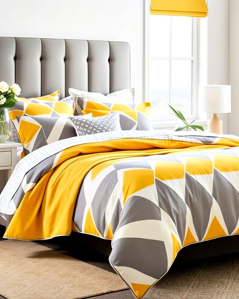 energetic vibe yellow and grey geometric bedding - 25 Yellow and Grey Bedroom Ideas