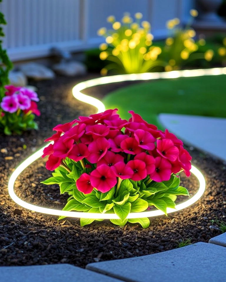 energy efficient rope lighting around flower beds - 40 Garden Lighting Ideas