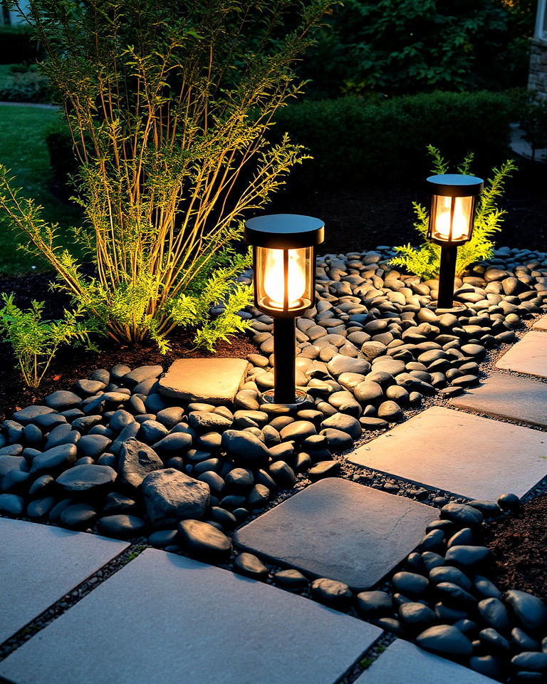 enhance outdoor lighting with black river rock landscape - 20 Black River Rock Landscaping Ideas