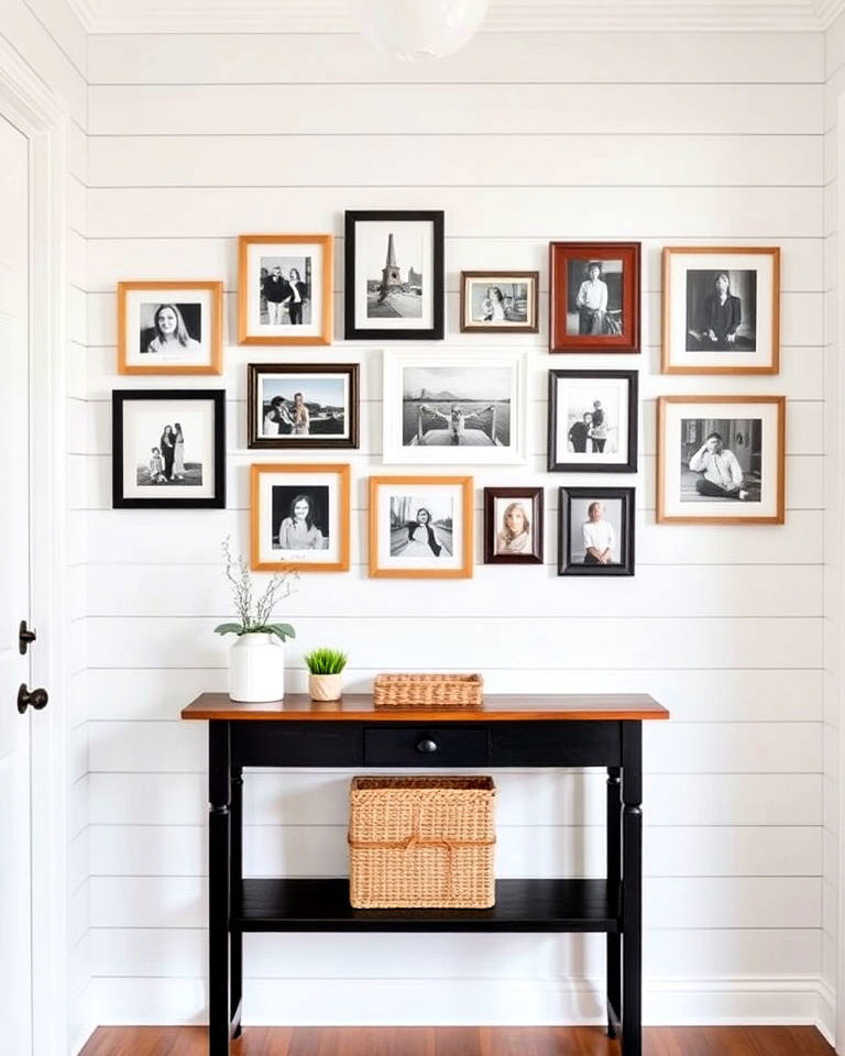 entryway shiplap with gallery wall display - 25 Shiplap Wall Entryway Ideas