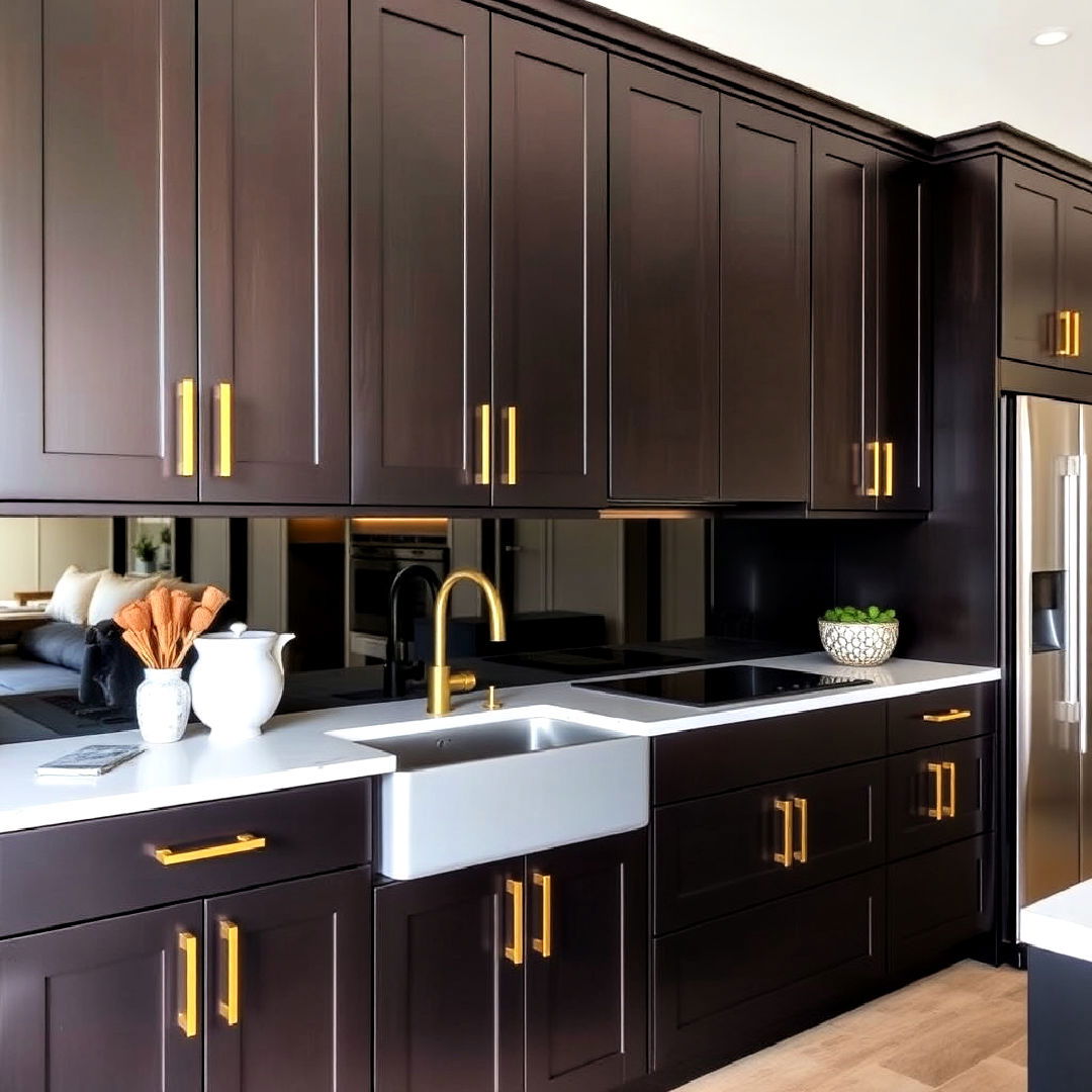 espresso brown cabinets and brass hardware - 20 Brown Kitchen Ideas
