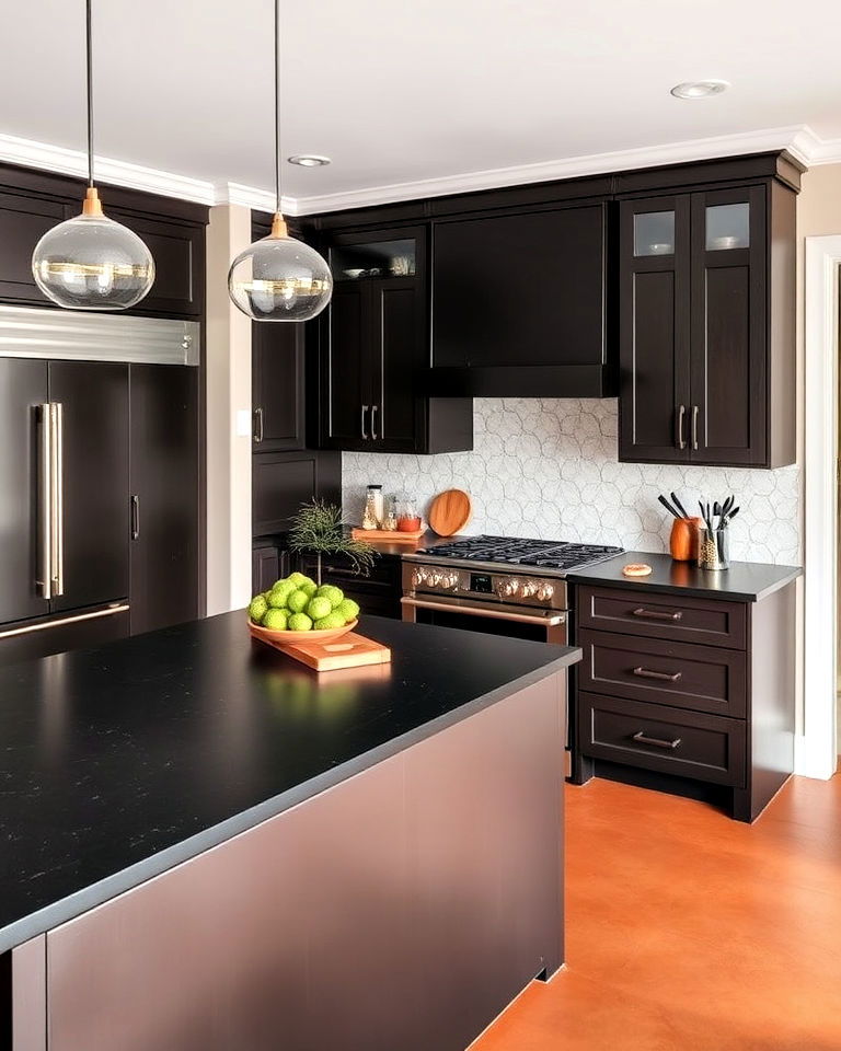 espresso cabinets and black soapstone countertops combo - 25 Brown Kitchen Cabinets With Black Countertops