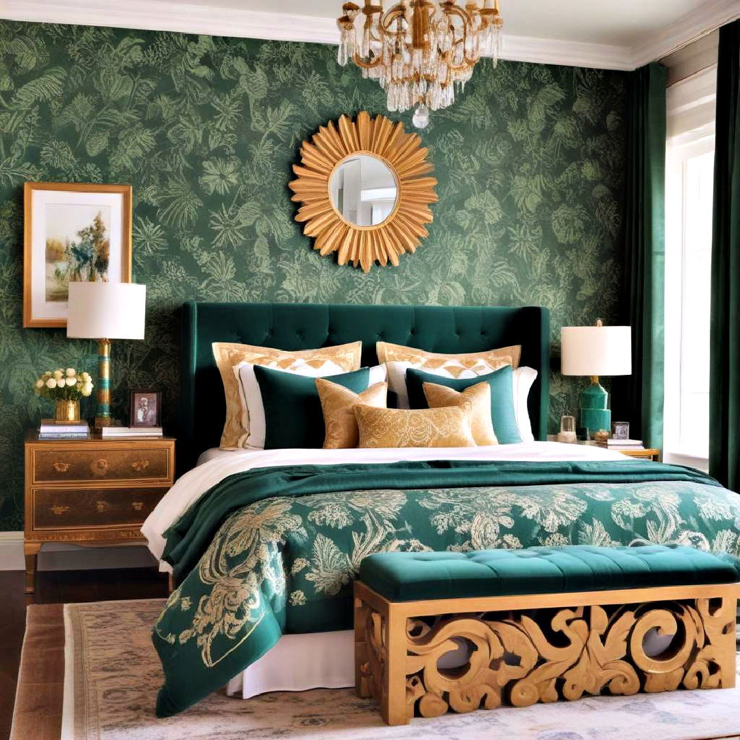 exotic prints for emerald green and gold bedroom - 20 Emerald Green and Gold Bedroom Ideas