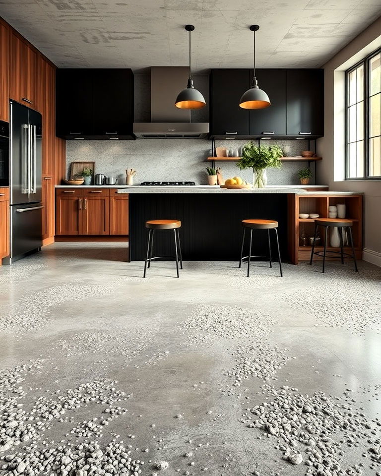 exposed aggregate concrete floor - 25 Concrete Floor Kitchen Ideas