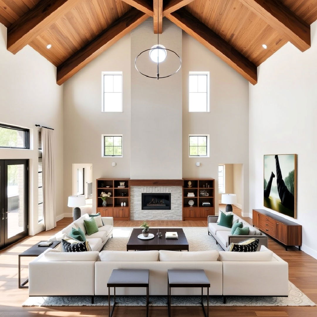 exposed beams for double height living room - 25 Exposed Beam Living Room Ideas