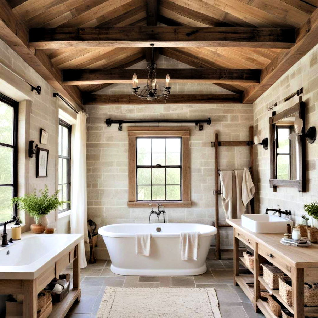 exposed beams to add rustic touch - 40 Farmhouse Bathroom Ideas