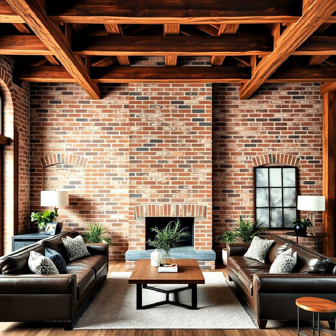 exposed beams with brick accent wall for living room - 25 Exposed Beam Living Room Ideas