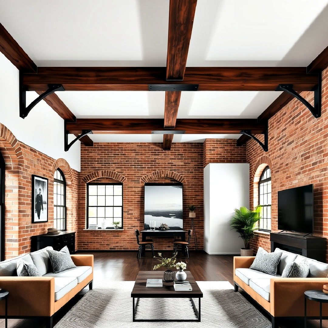 exposed beams with metal brackets - 25 Exposed Beam Living Room Ideas