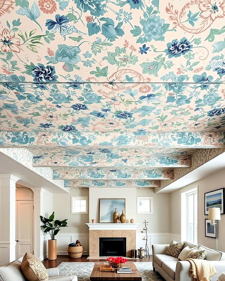 exposed beams with patterned wallpaper - 25 Exposed Basement Ceiling Ideas