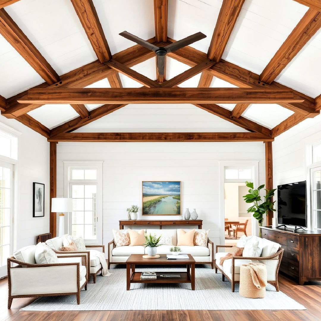 exposed beams with shiplap ceiling ideas - 25 Exposed Beam Living Room Ideas