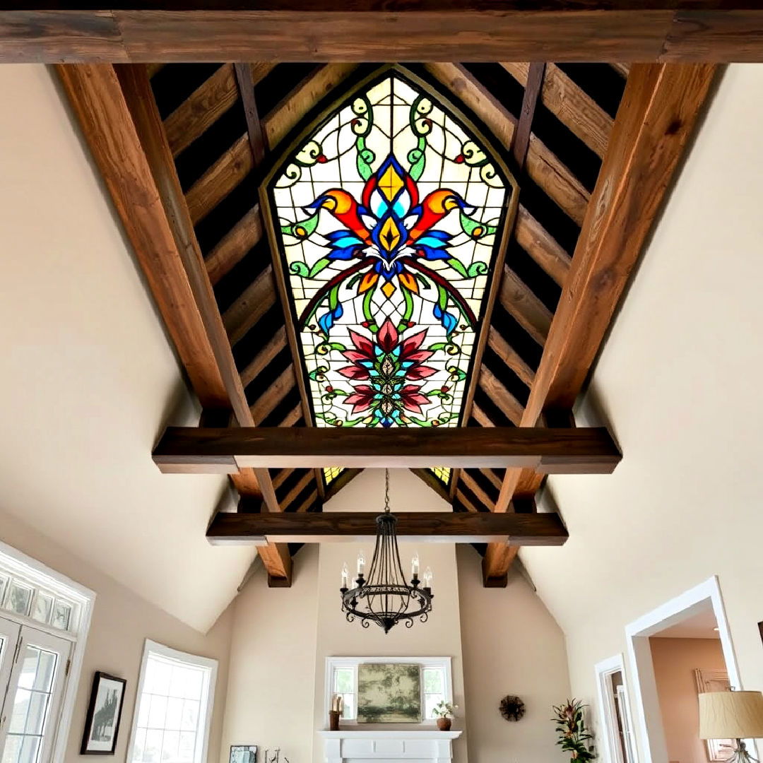 exposed beams with stained glass ceiling feature - 25 Exposed Beam Living Room Ideas