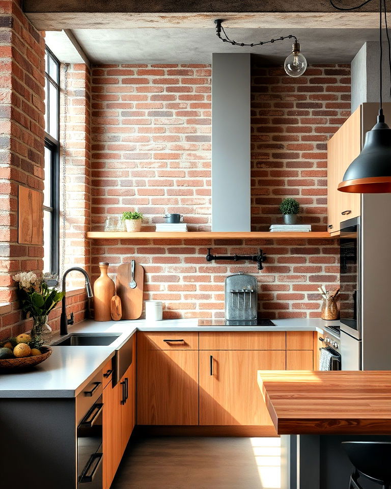 exposed brick wall for industrial edge - 40 Mid-century Modern Kitchen Ideas