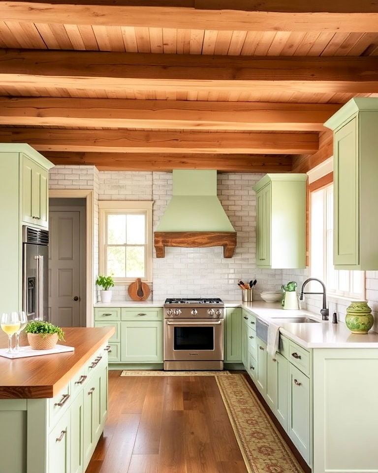 exposed ceiling beams for sage green cabinets - 20 Rustic Sage Green Kitchen Cabinets