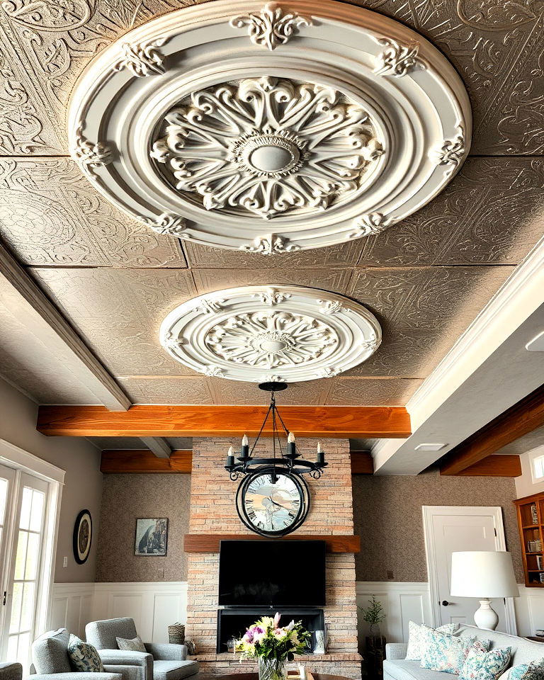 exposed ceiling with decorative medallions - 25 Exposed Basement Ceiling Ideas