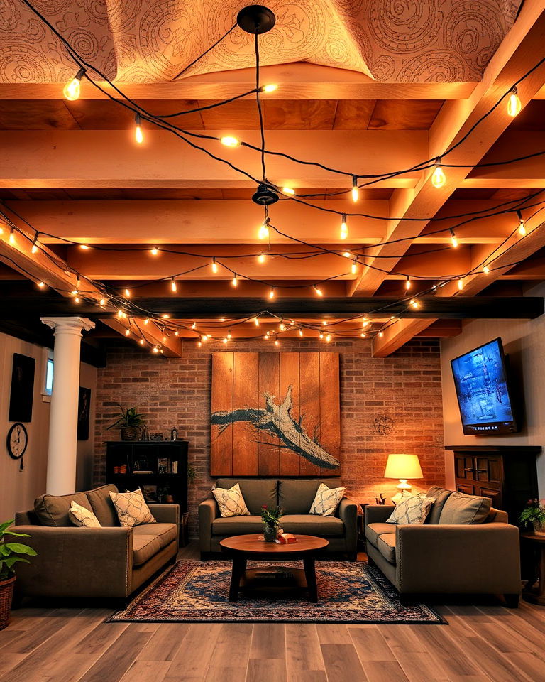 exposed ceiling with string lights - 25 Exposed Basement Ceiling Ideas