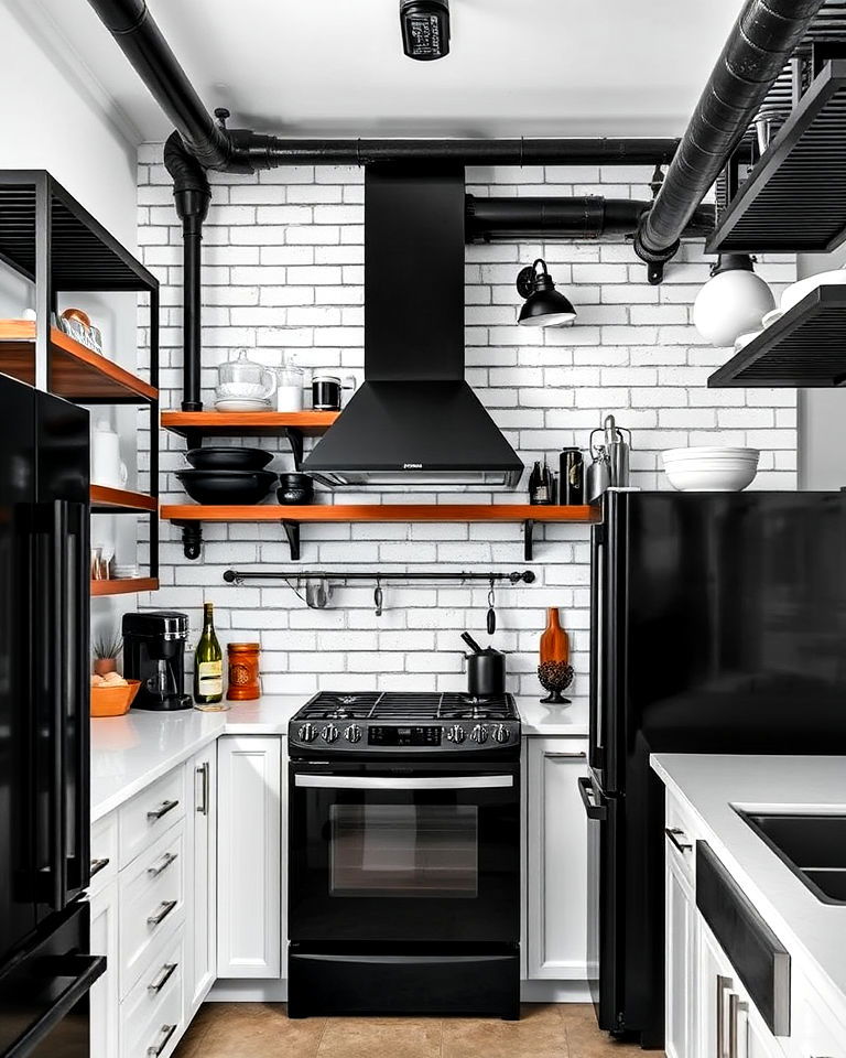 exposed elements to add industrial flair - 25 White Kitchen with Black Appliances Ideas