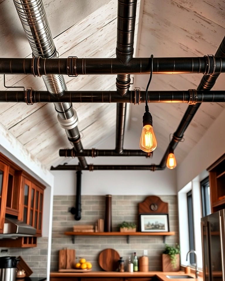 exposed industrial pipes on sloped ceiling - 20 Sloped Ceiling Kitchen Ideas