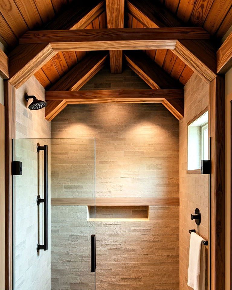 exposed wooden beams design - 25 Rustic Walk-in Shower Ideas