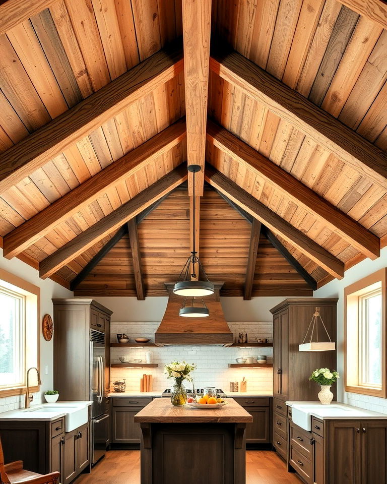 exposed wooden beams for sloped ceiling - 20 Sloped Ceiling Kitchen Ideas