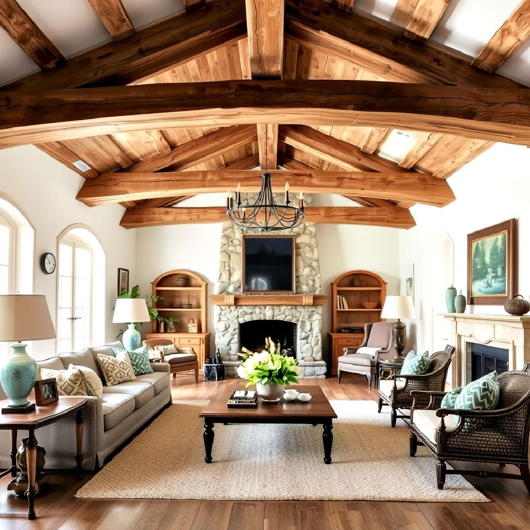 exposed wooden beams to add rustic charm - 40 French Country Living Room Ideas