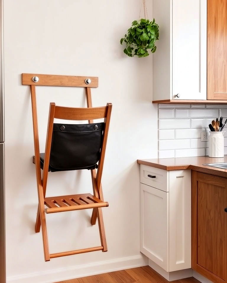 extra seating with wall mounted folding chair - 40 Small Kitchen Storage Ideas