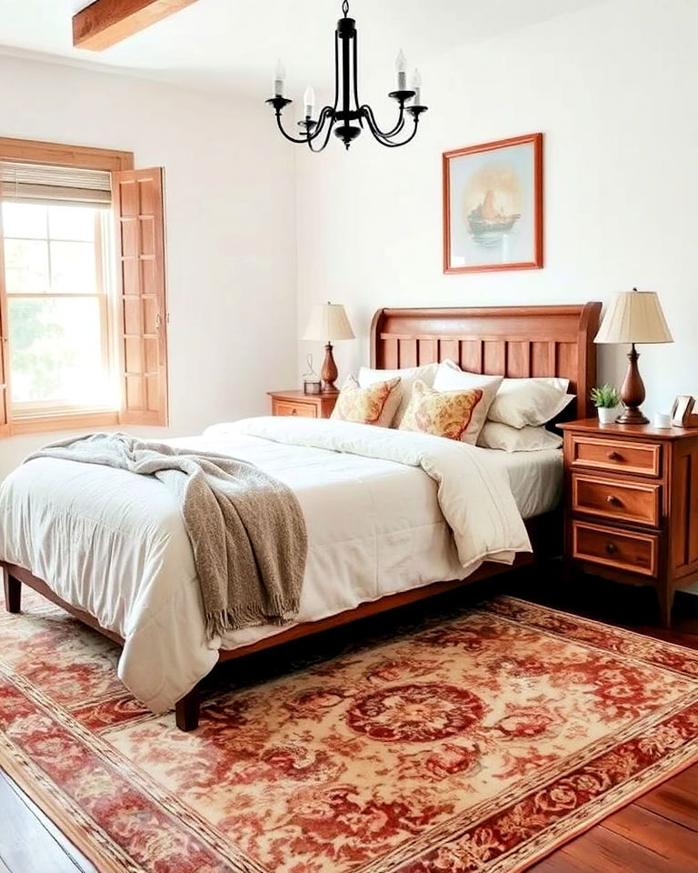 faded vintage rug to add sense of history - 30 Bedroom Rug Ideas