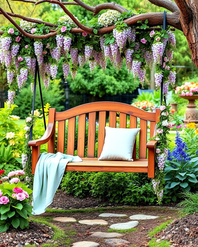 fairytale garden swing with floral accents - 20 Fairytale Garden Ideas