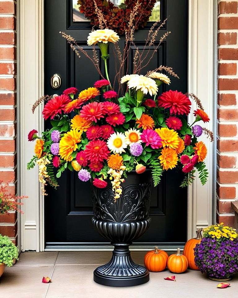 fall decor with iron urn planter - 40 Fall Planter Ideas