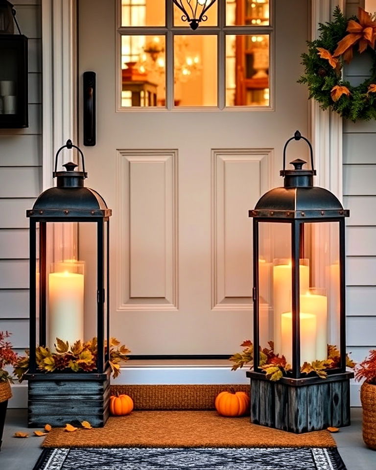 fall decor with rustic lanterns and candles - 30 Front Door Fall Decor Ideas